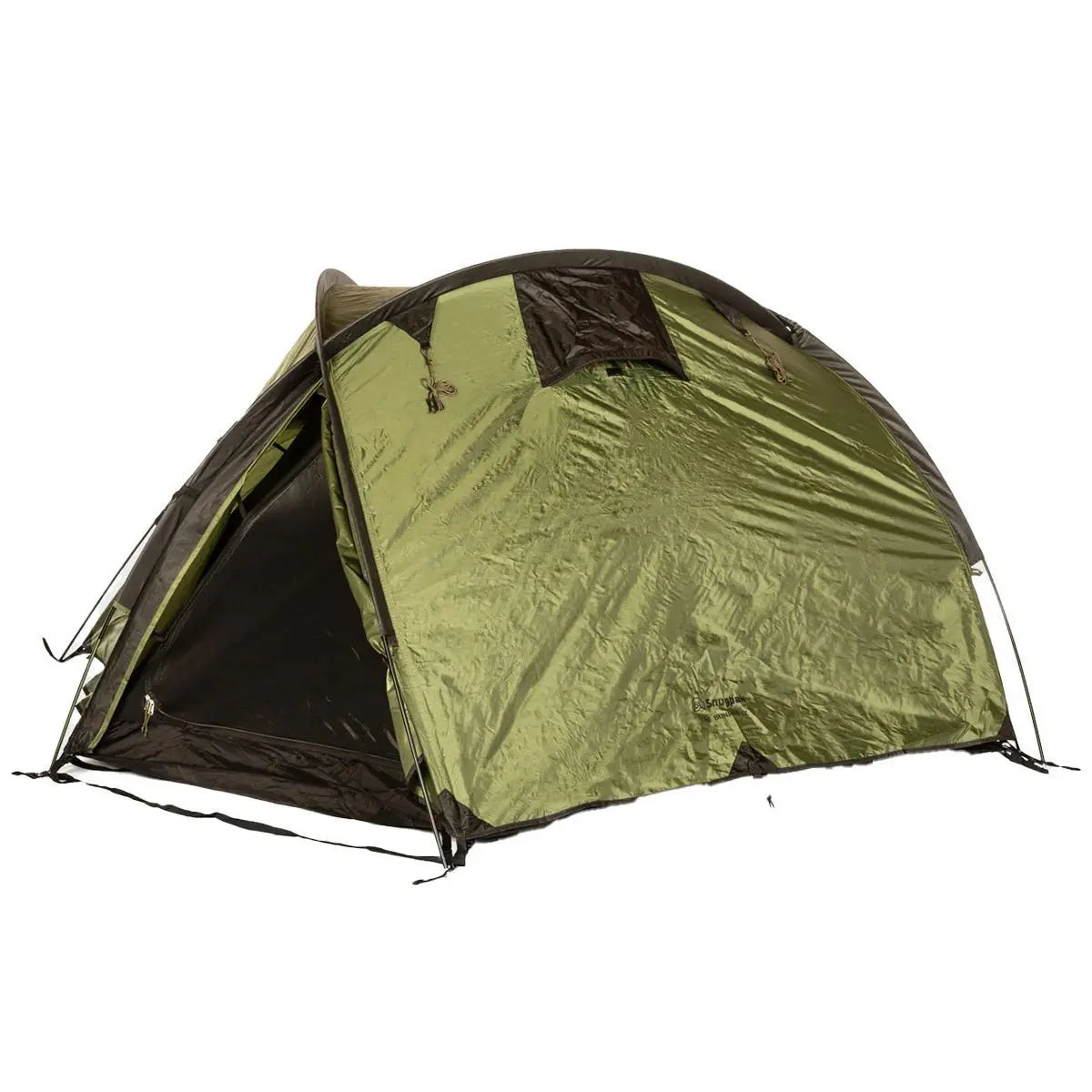 Snugpak The Bunker IX Expedition Tent with rainfly partially open, revealing the breathable inner mesh for ventilation and protection.