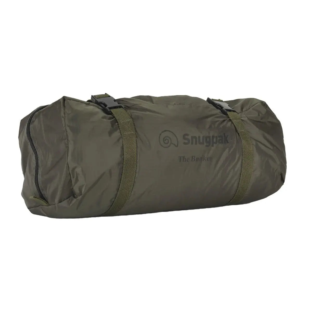 Snugpak The Bunker IX Expedition Tent packed in its compact olive-colored carry bag with straps for easy transportation and storage.