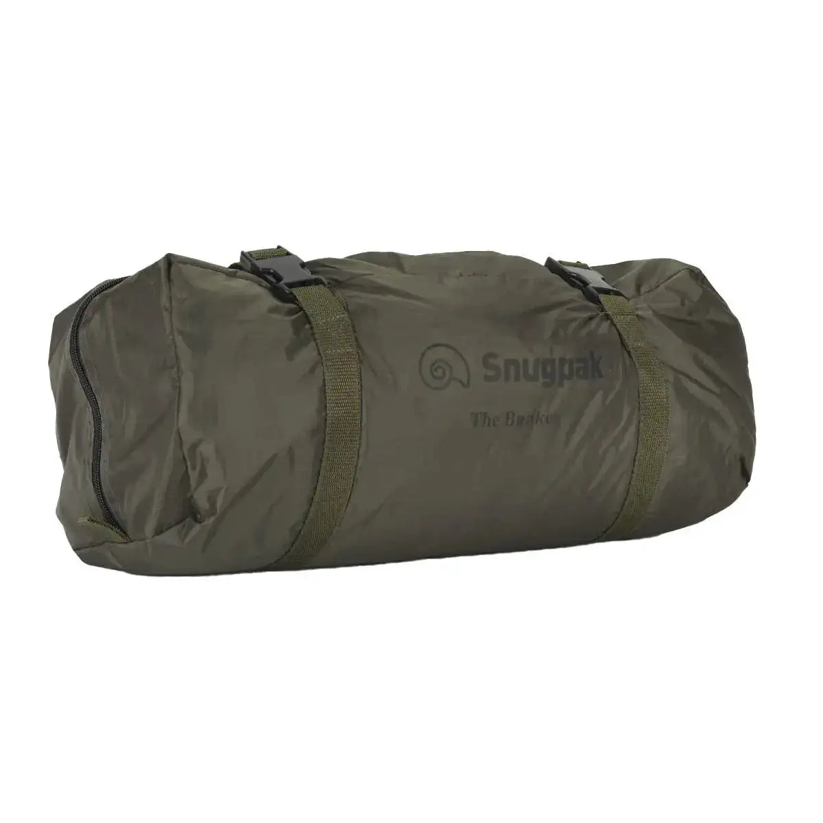 Snugpak The Bunker IX Expedition Tent packed in its compact olive-colored carry bag with straps for easy transportation and storage. from John Bull Clothing