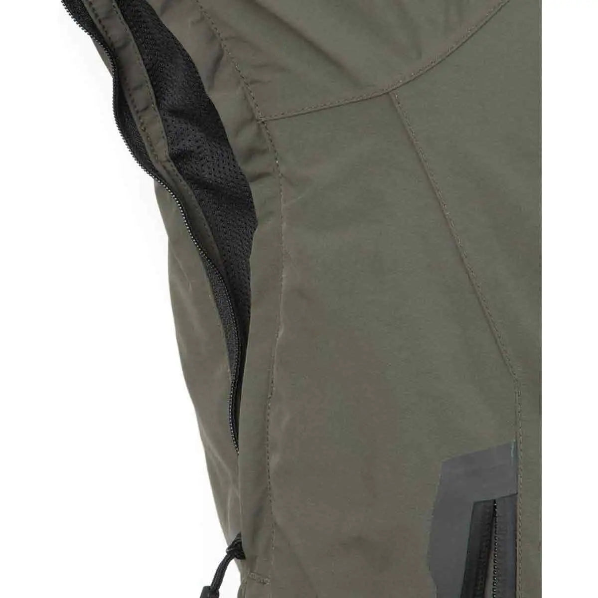 Detail of Snugpak Torrent Green Jacket's underarm ventilation with mesh lining for breathability and comfort. from John Bull Clothing