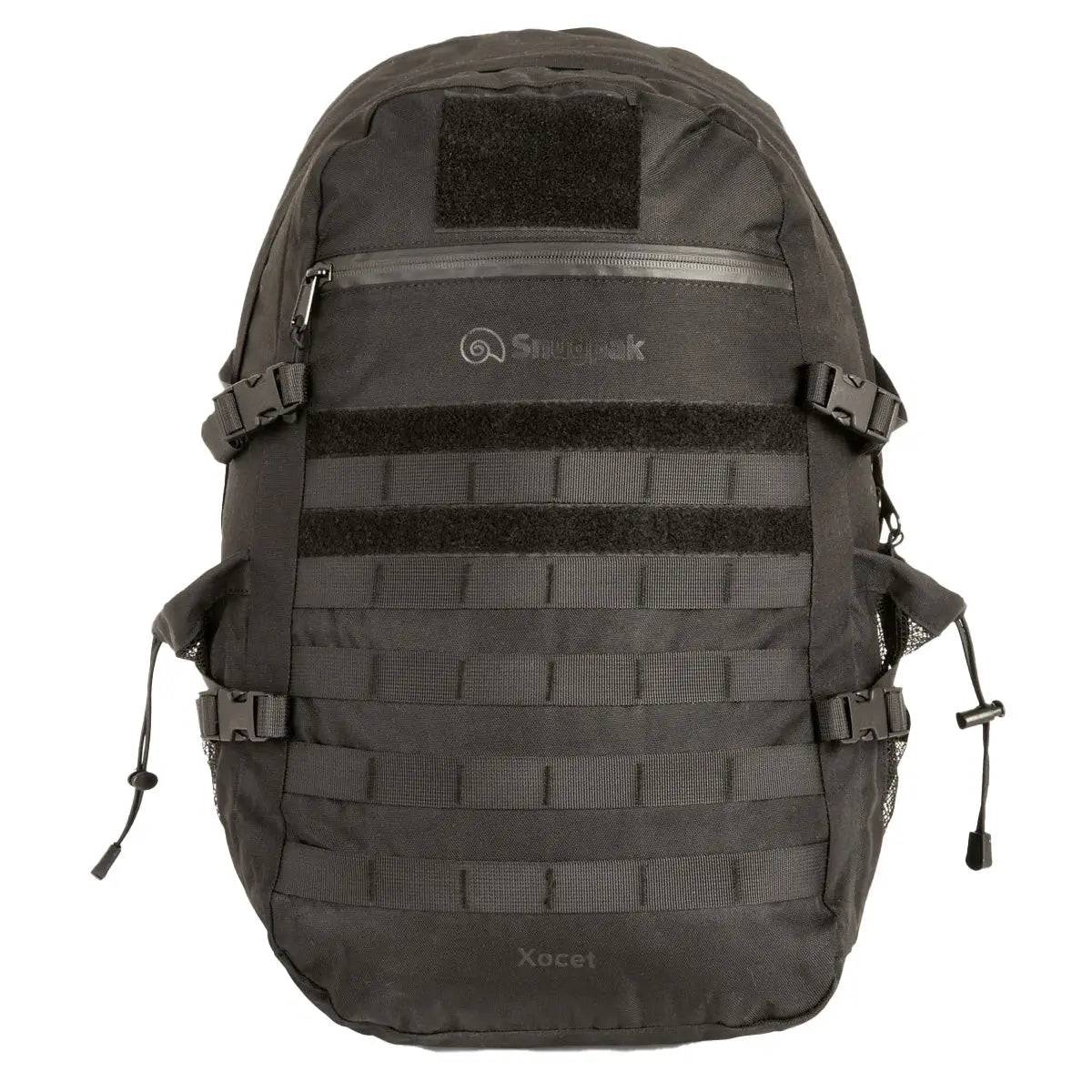 Snugpak Xocet 35L Rucksack in black with MOLLE webbing, front zippered pocket, and durable 600D nylon construction for outdoor and tactical use.