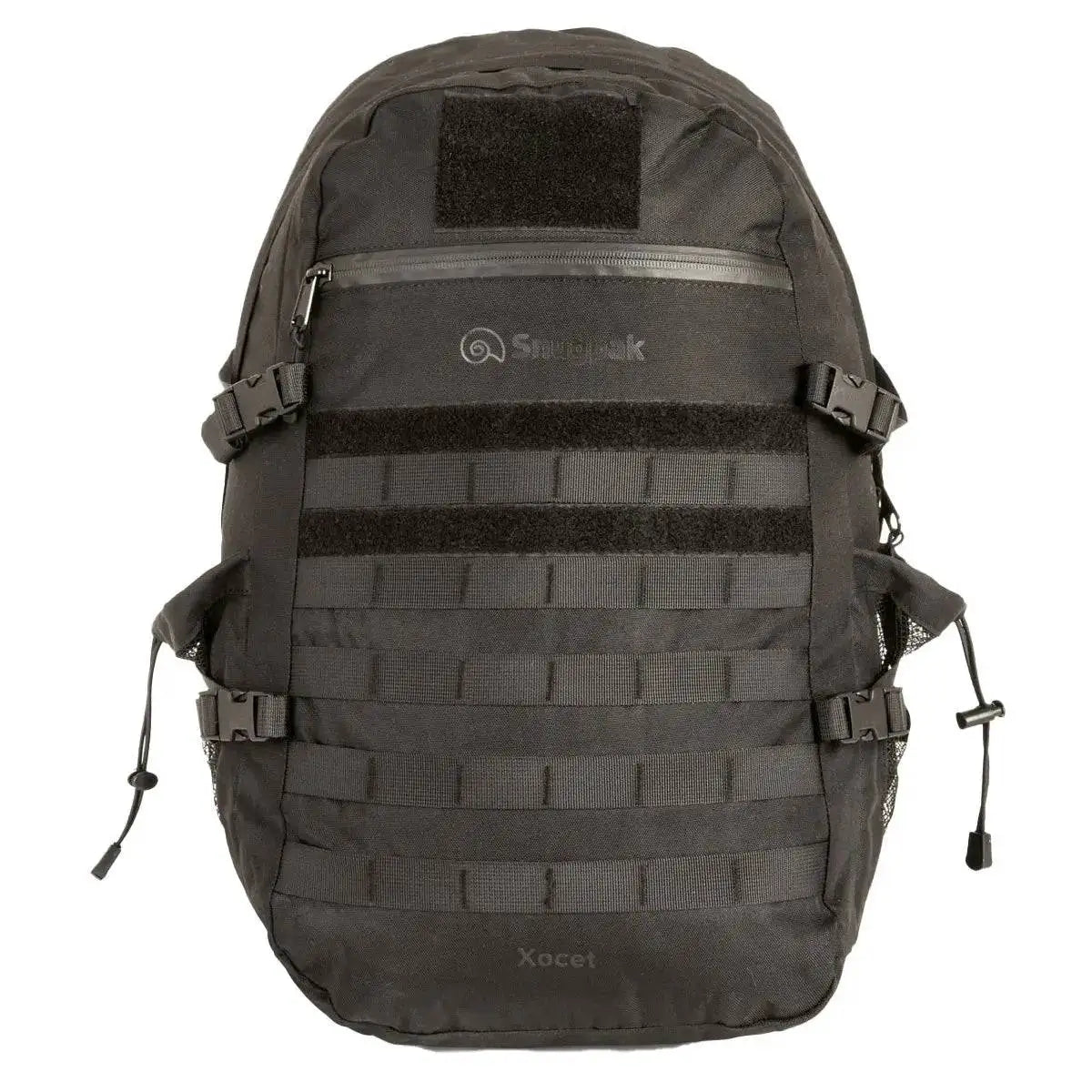 Snugpak Xocet 35L Rucksack in black with MOLLE webbing, front zippered pocket, and durable 600D nylon construction for outdoor and tactical use. Black from John Bull Clothing