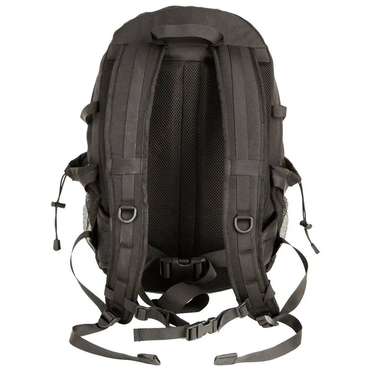 Back view of the Snugpak Xocet 35L Rucksack in black, highlighting padded shoulder straps, breathable mesh back panel, and adjustable sternum and waist straps.
