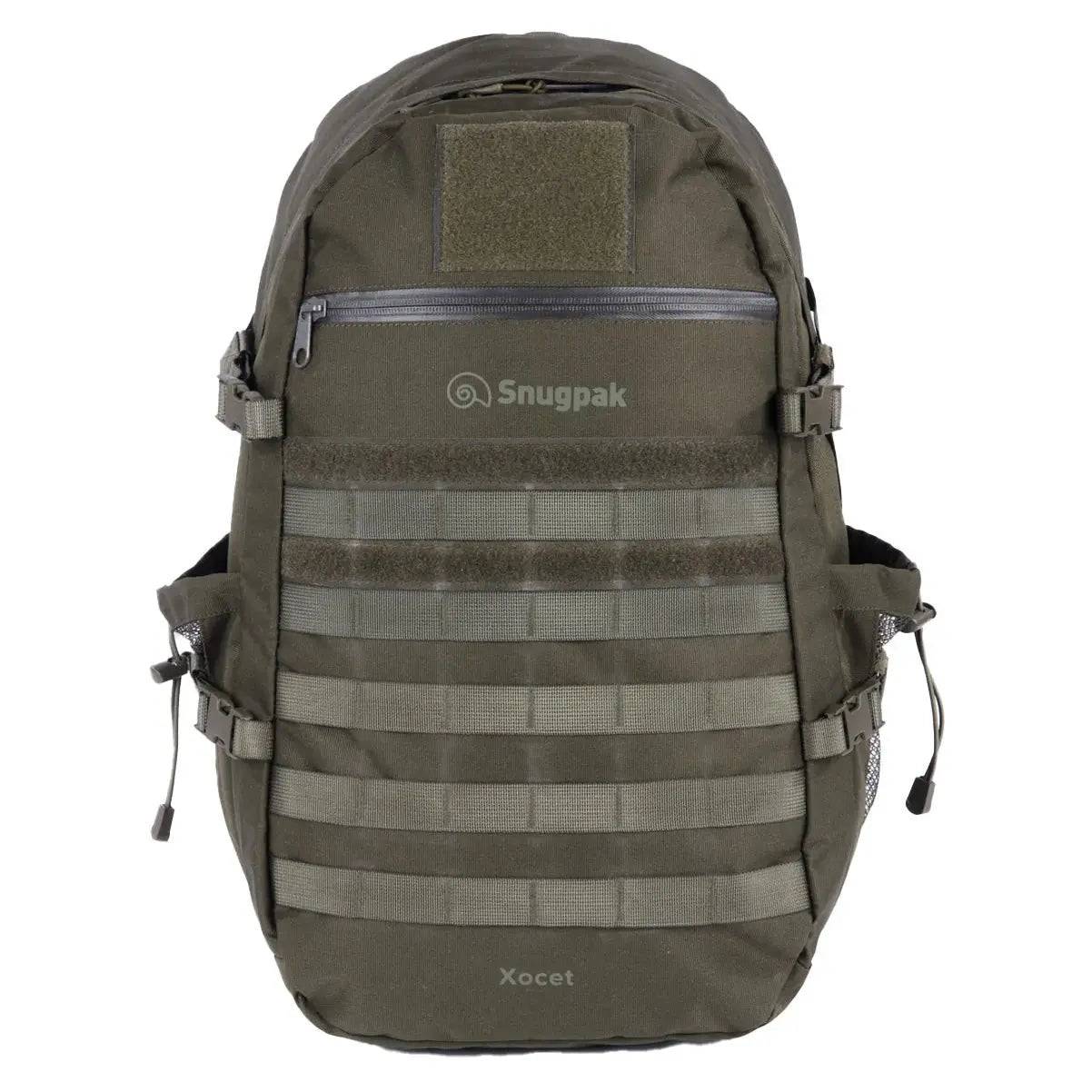 Snugpak Xocet 35L Rucksack in green featuring MOLLE webbing, side compression straps, and a rugged design for hiking, travel, and tactical applications.