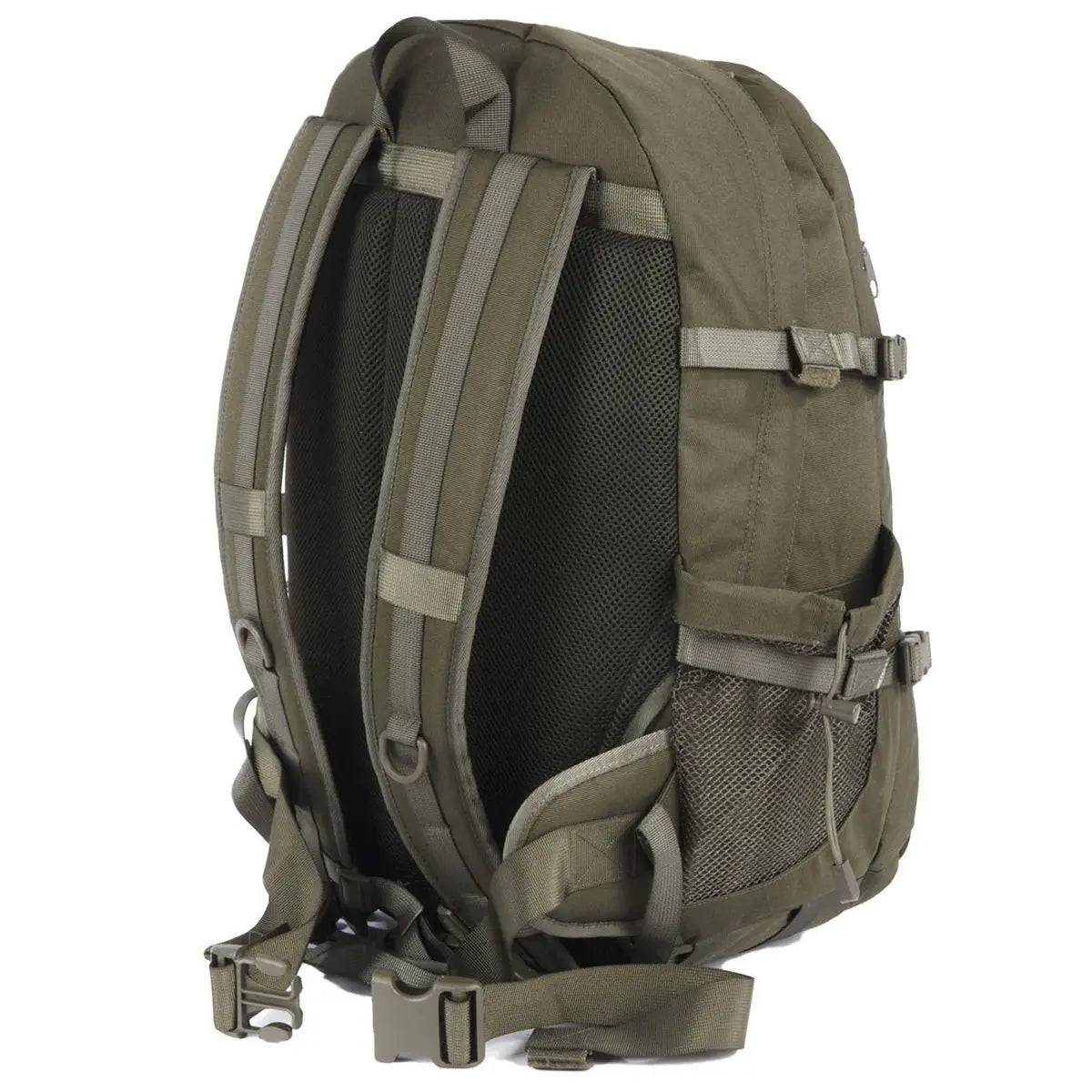 Rear angled view of the Snugpak Xocet 35L Rucksack in green, showing padded shoulder straps, breathable back panel, and durable construction for outdoor adventures.