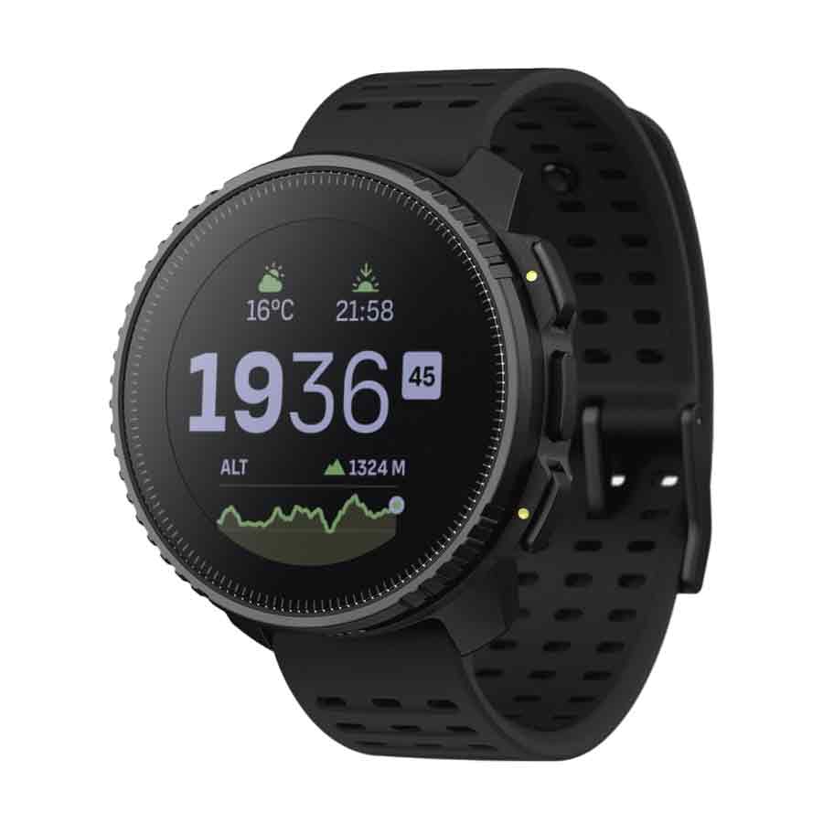 Suunto Vertical Steel All Black Smart Watch with GPS, featuring a rugged stainless steel case, altitude tracking, and weather updates for outdoor adventures.