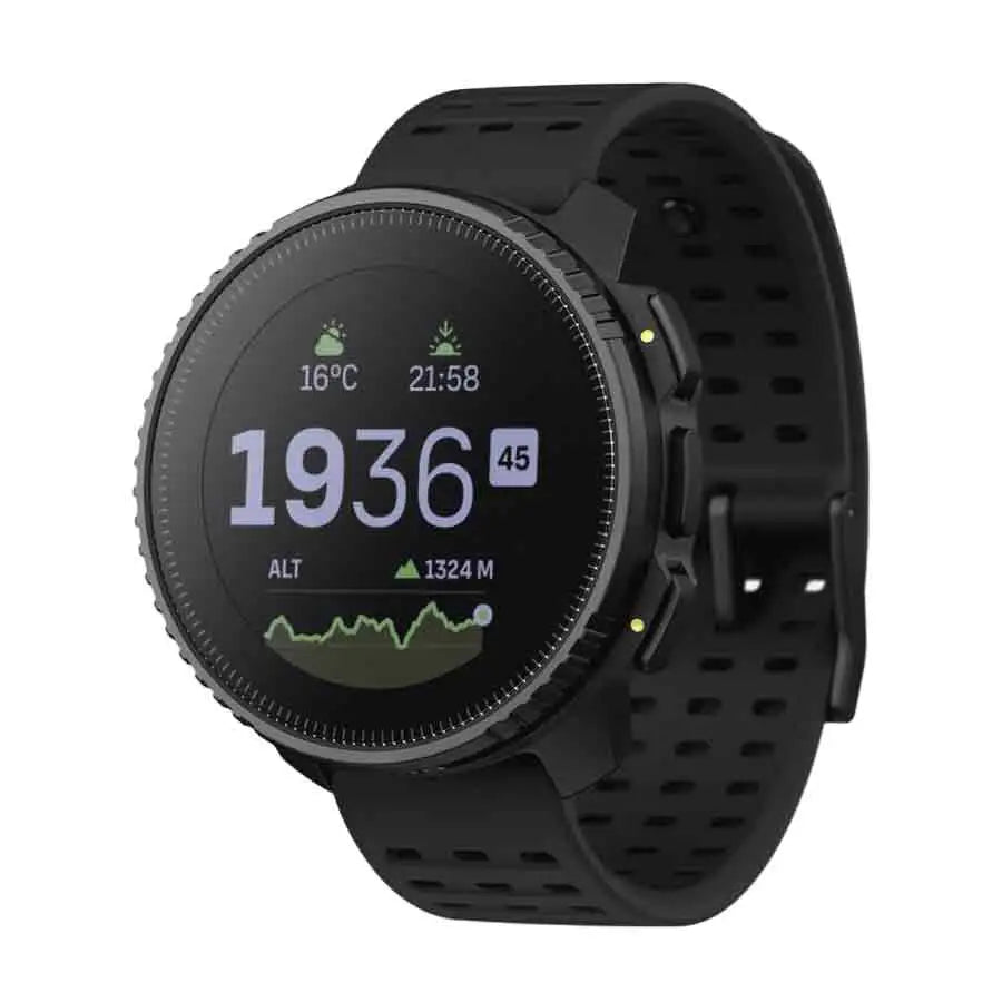 Suunto Vertical Steel All Black Smart Watch with GPS, featuring a rugged stainless steel case, altitude tracking, and weather updates for outdoor adventures. from John Bull Clothing