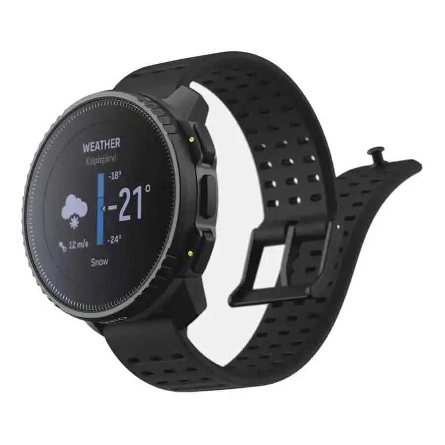 Suunto Vertical Steel All Black Smart Watch displaying weather updates, designed with a durable black perforated strap and robust stainless steel bezel. from John Bull Clothing