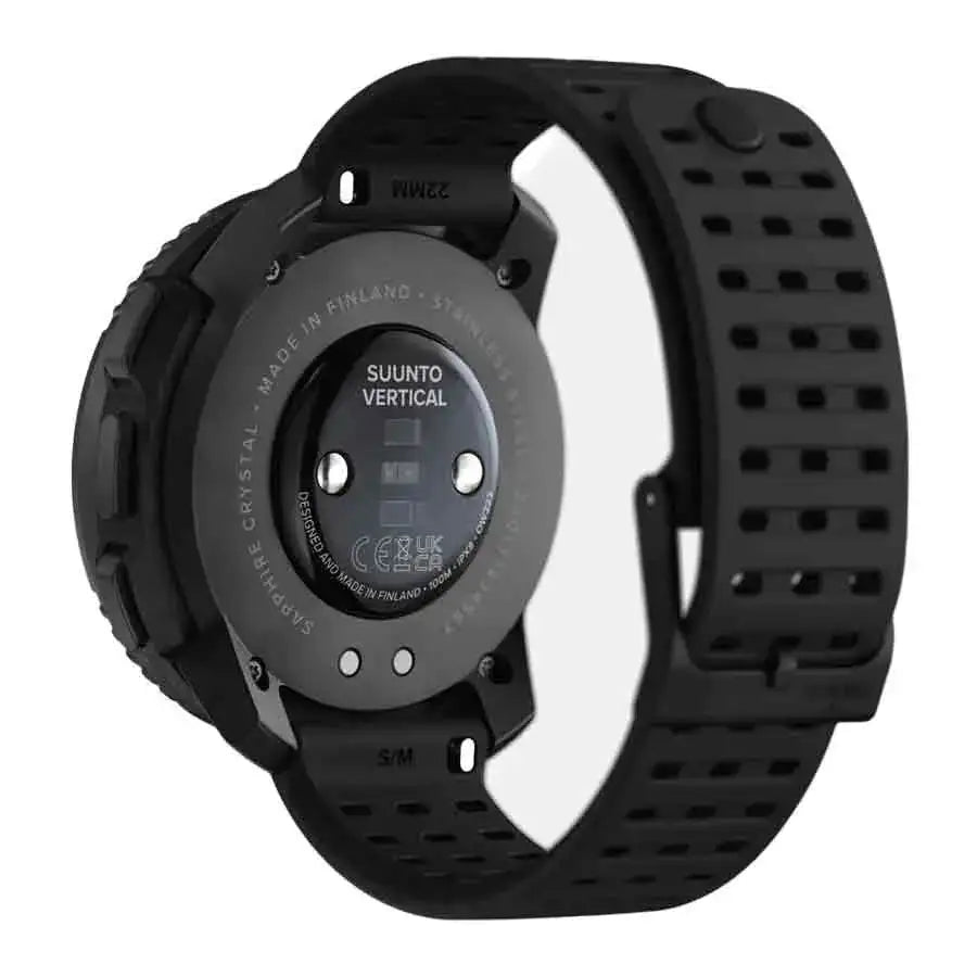Back view of Suunto Vertical Steel All Black Smart Watch showcasing its durable construction, heart rate sensor, and Made in Finland engraving. from John Bull Clothing