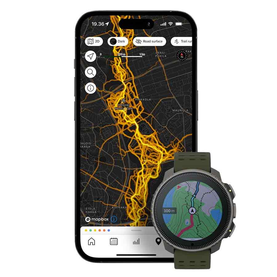 Suunto Vertical Titanium Solar Forest Smart Watch paired with a smartphone displaying GPS navigation and topographic maps for outdoor adventures.