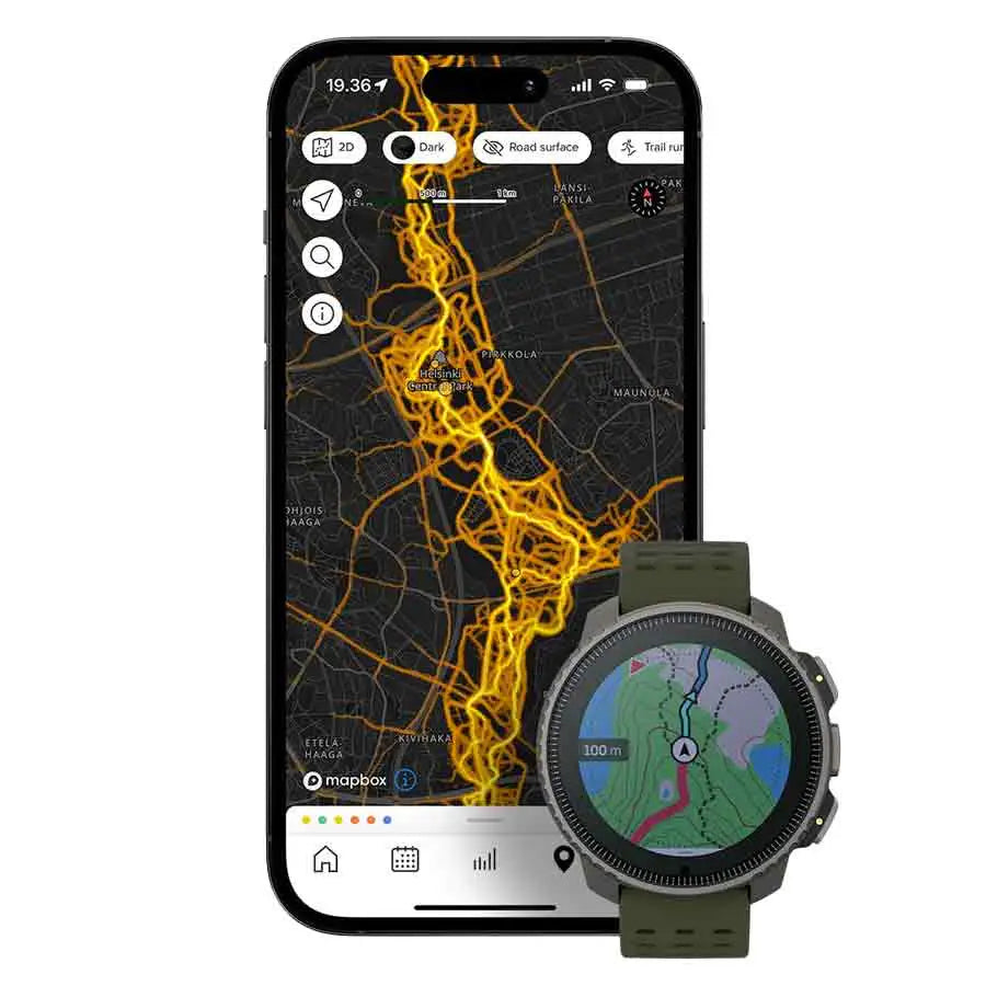 Suunto Vertical Titanium Solar Forest Smart Watch paired with a smartphone displaying GPS navigation and topographic maps for outdoor adventures. from John Bull Clothing