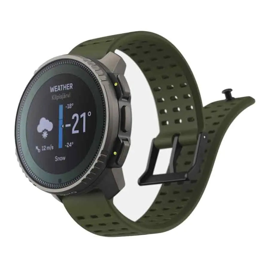 Suunto Vertical Titanium Solar Forest Smart Watch showcasing a weather display, durable titanium build, and perforated green silicone strap.