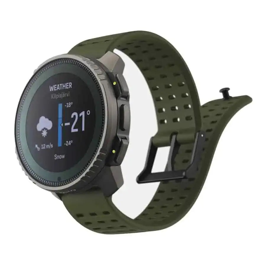 Suunto Vertical Titanium Solar Forest Smart Watch showcasing a weather display, durable titanium build, and perforated green silicone strap. from John Bull Clothing