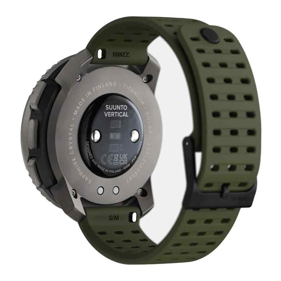 Back view of Suunto Vertical Titanium Solar Forest Smart Watch highlighting titanium casing, heart rate sensor, and durable green silicone strap.