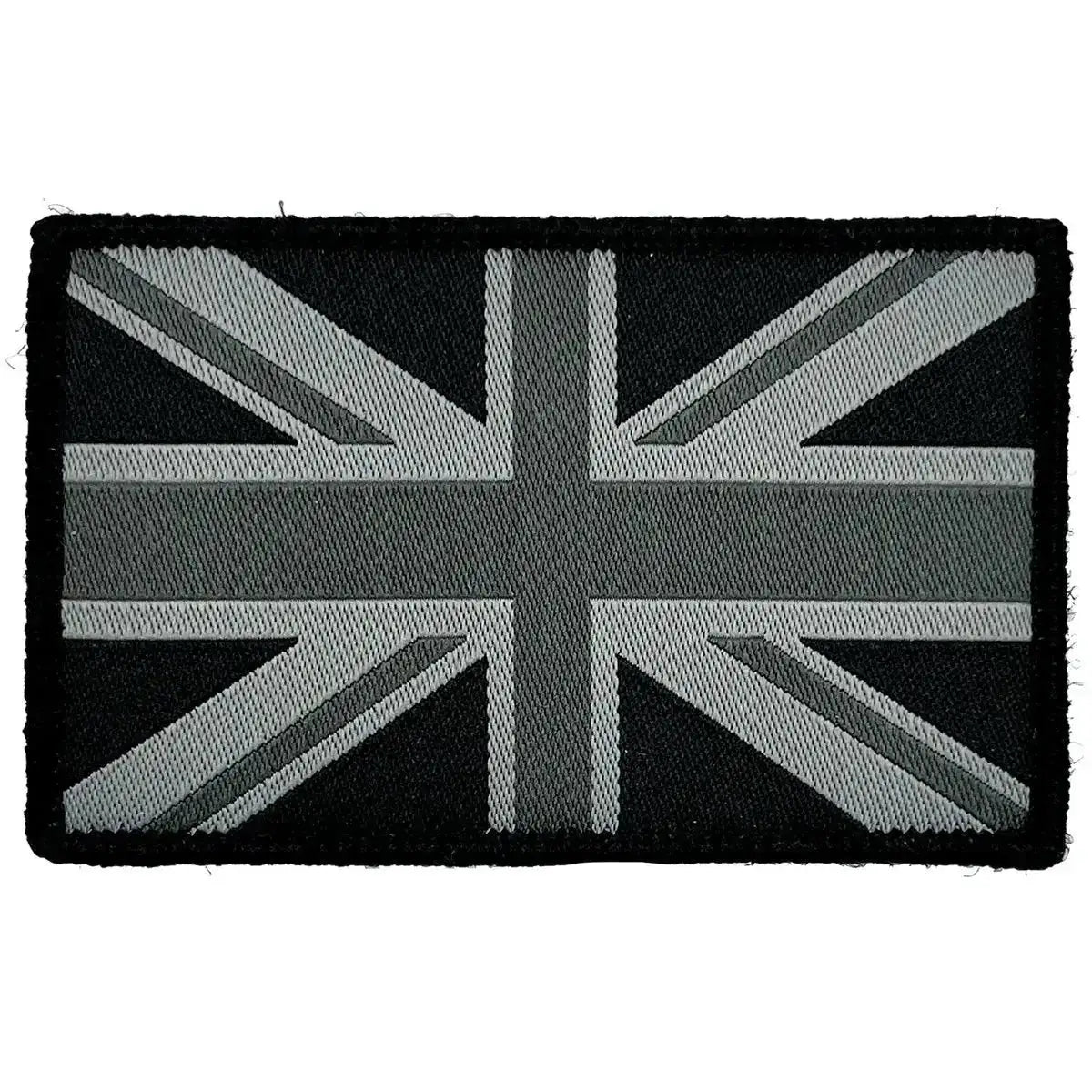 Single black Union Jack patch with hook and loop backing, ideal for tactical clothing and accessories in military settings. Mono Black from John Bull Clothing