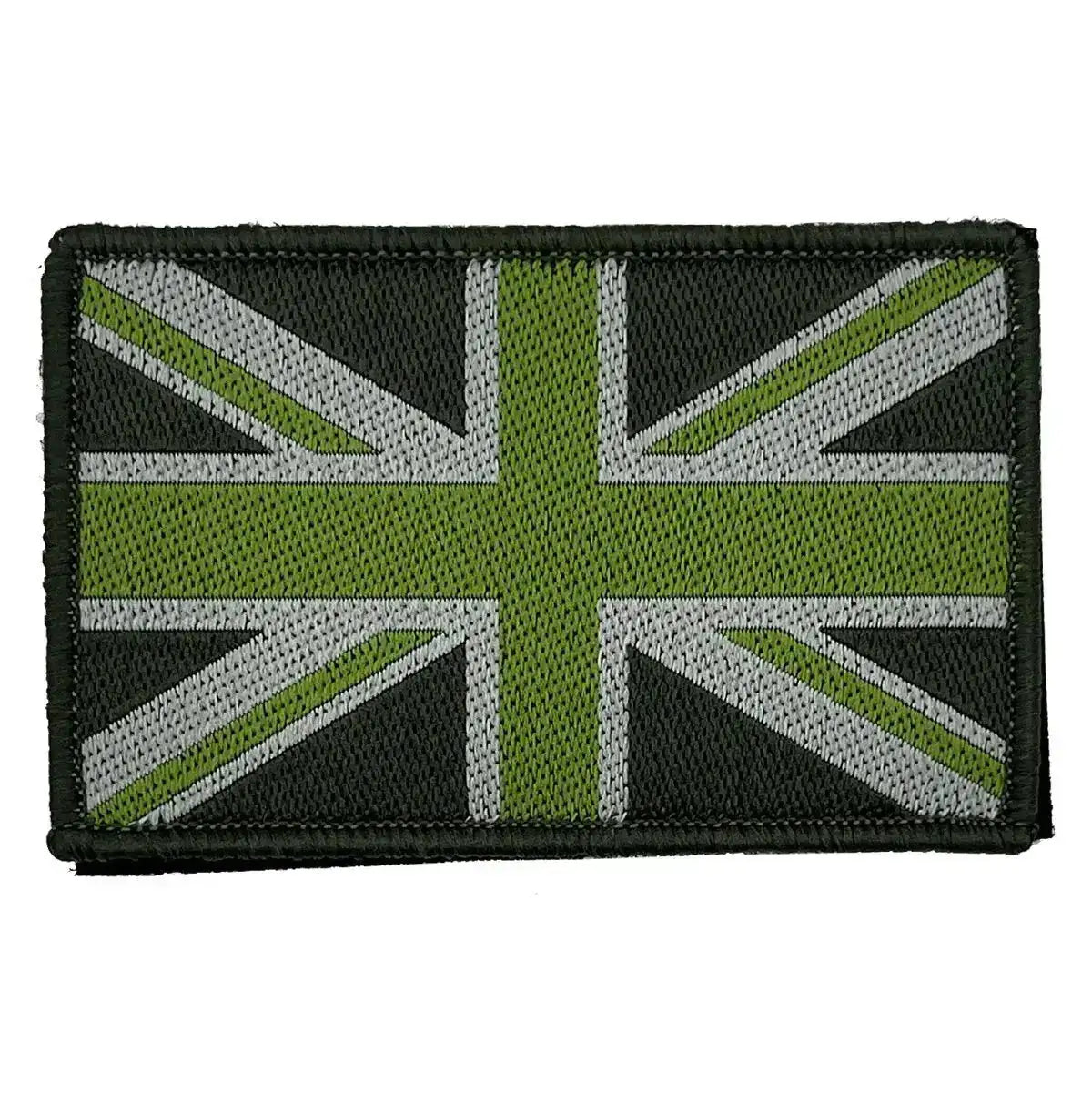 Green Union Jack patch with grey detailing and hook and loop backing, perfect for camouflage uniforms and field gear. Multicam from John Bull Clothing