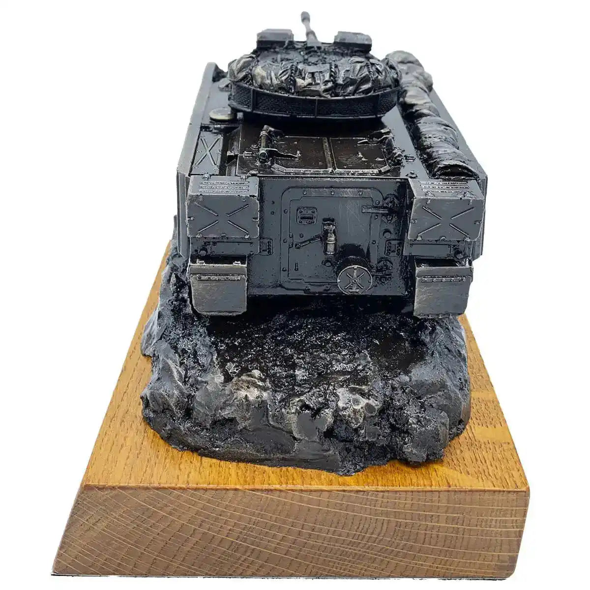 Rear view of Warrior Armoured Fighting Vehicle Bronze Statue mounted on solid oak base, ideal for army-themed home or office display. from John Bull Clothing