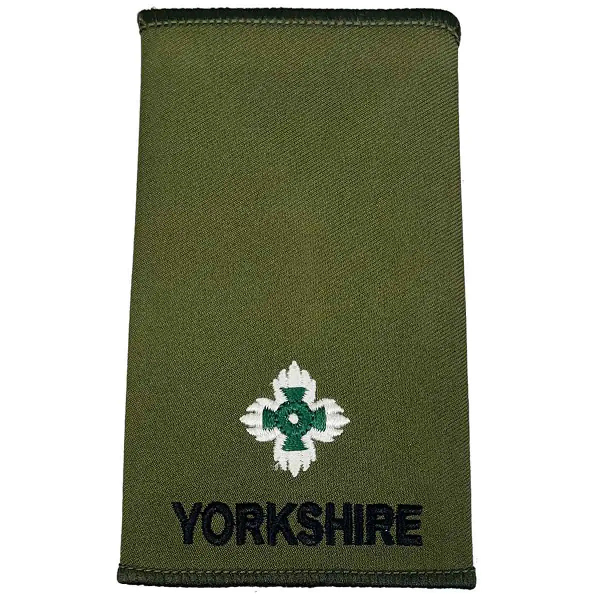 Yorkshire Regiment Olive Green Rank Slide with single white and green pip above 'YORKSHIRE', indicating a second lieutenant rank. 2nd LT from John Bull Clothing