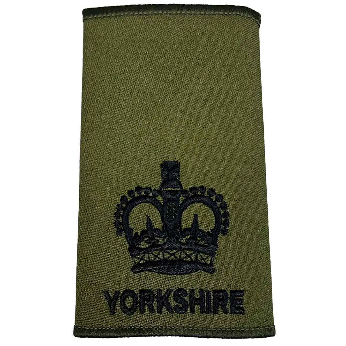 Yorkshire Regiment Olive Green Rank Slide with a black crown and 'YORKSHIRE' text, representing a commissioned officer rank. WO2 - Large Crown from John Bull Clothing