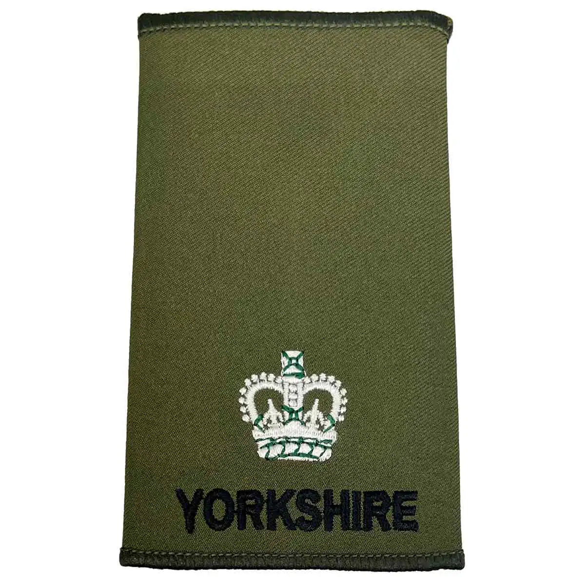 Yorkshire Regiment Rank Slide Olive Green with white and green crown embroidery and 'YORKSHIRE' text, for high-ranking officers. Major from John Bull Clothing