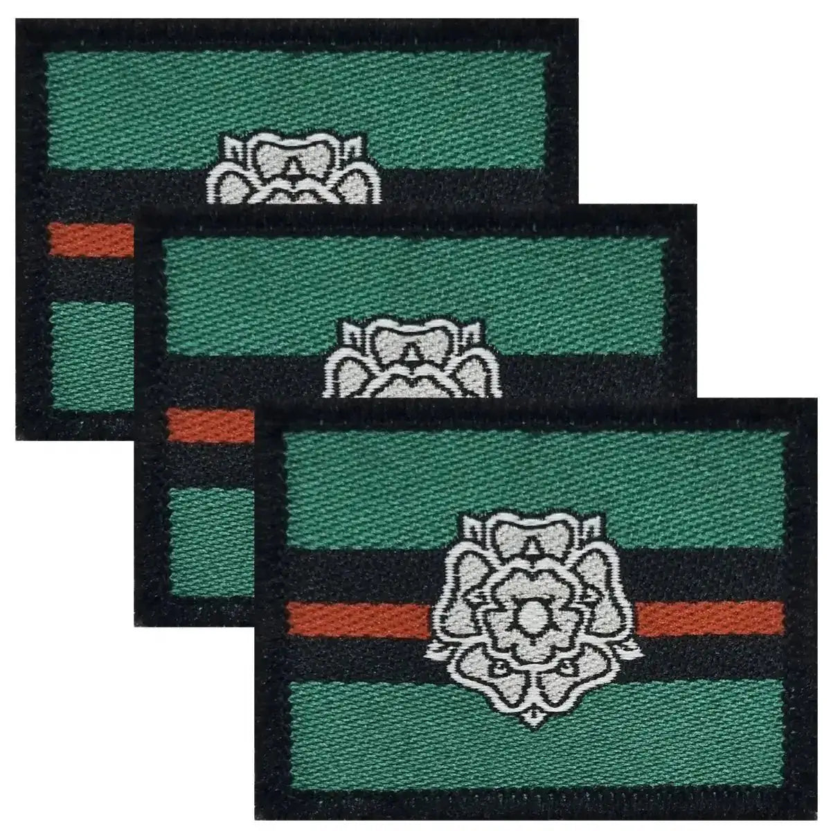 Set of three Yorkshire Regiment TRF patches with hook & loop backing, featuring green, black, and red stripes with a white Yorkshire Rose emblem. 3 Pack from John Bull Clothing