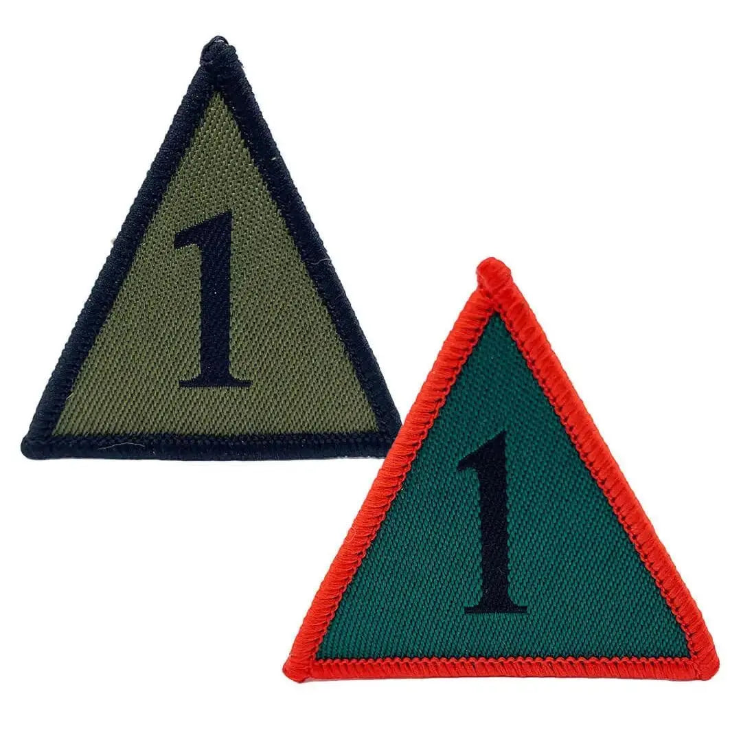 Two 1st Armoured Brigade TRF patches in subdued and red/green/black variants, iron or sew on, for military uniform customization.