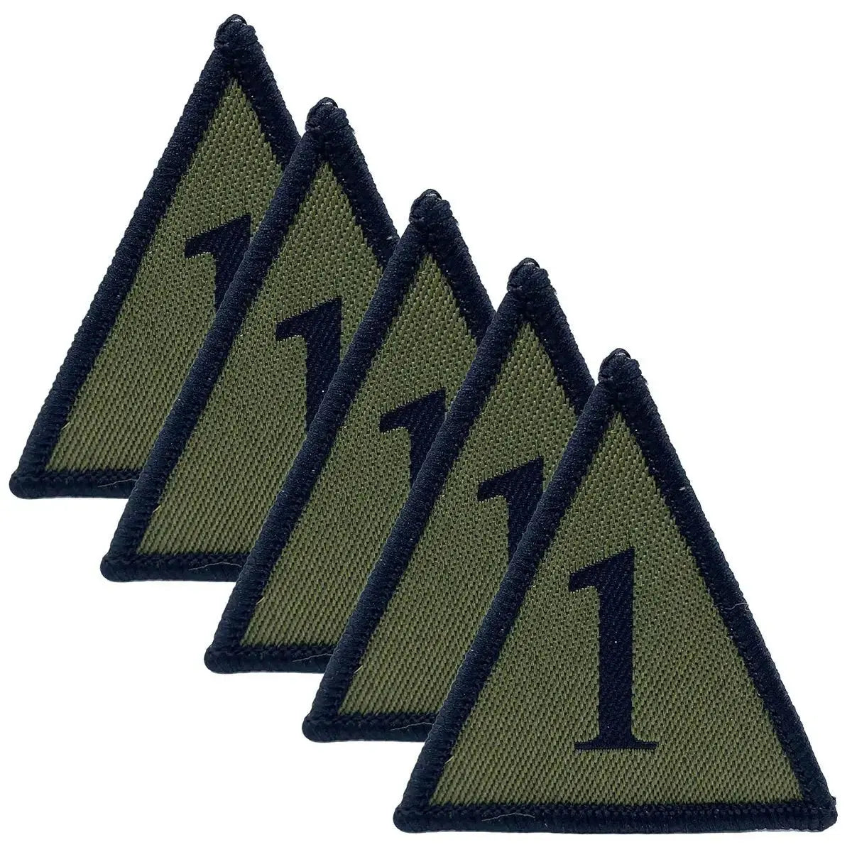 Set of five subdued 1st Armoured Brigade TRF patches with black border, iron or sew on, suitable for military uniform application.