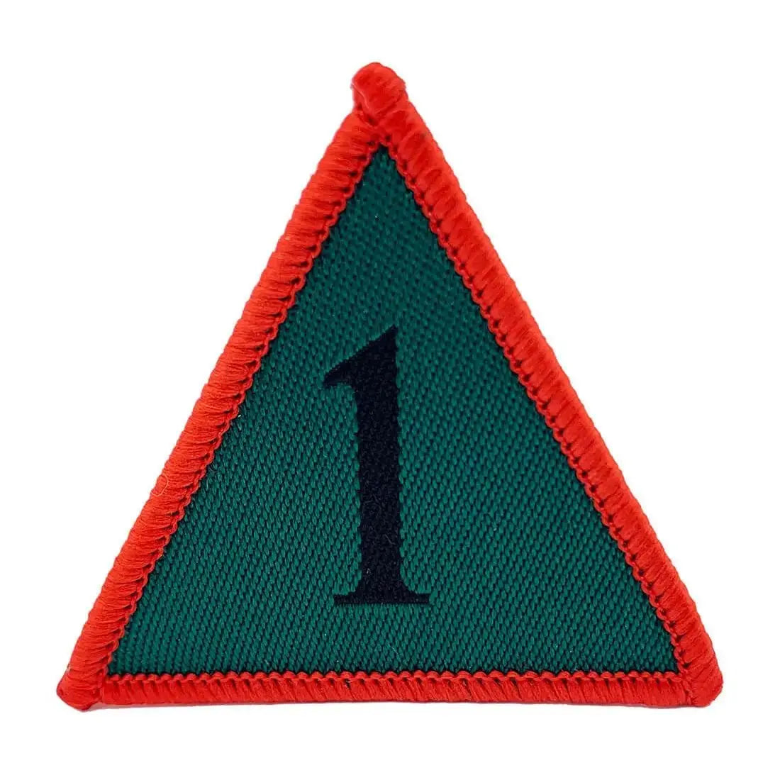 Single 1st Armoured Brigade TRF patch in red, green, and black, iron or sew on, regulation military uniform accessory by John Bull.