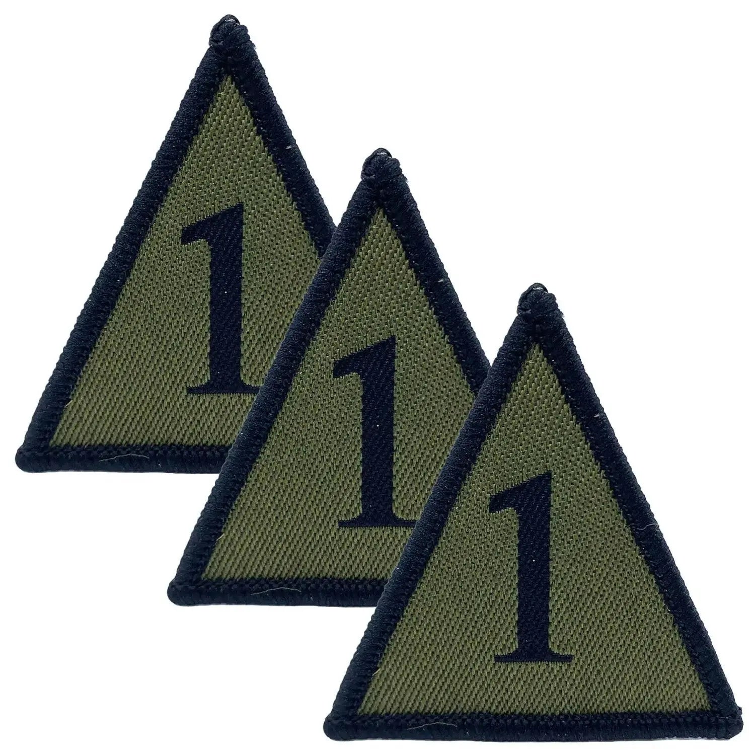 Set of three 1st Armoured Brigade TRF patches in subdued green with black border, iron or sew on, for military uniforms by John Bull.