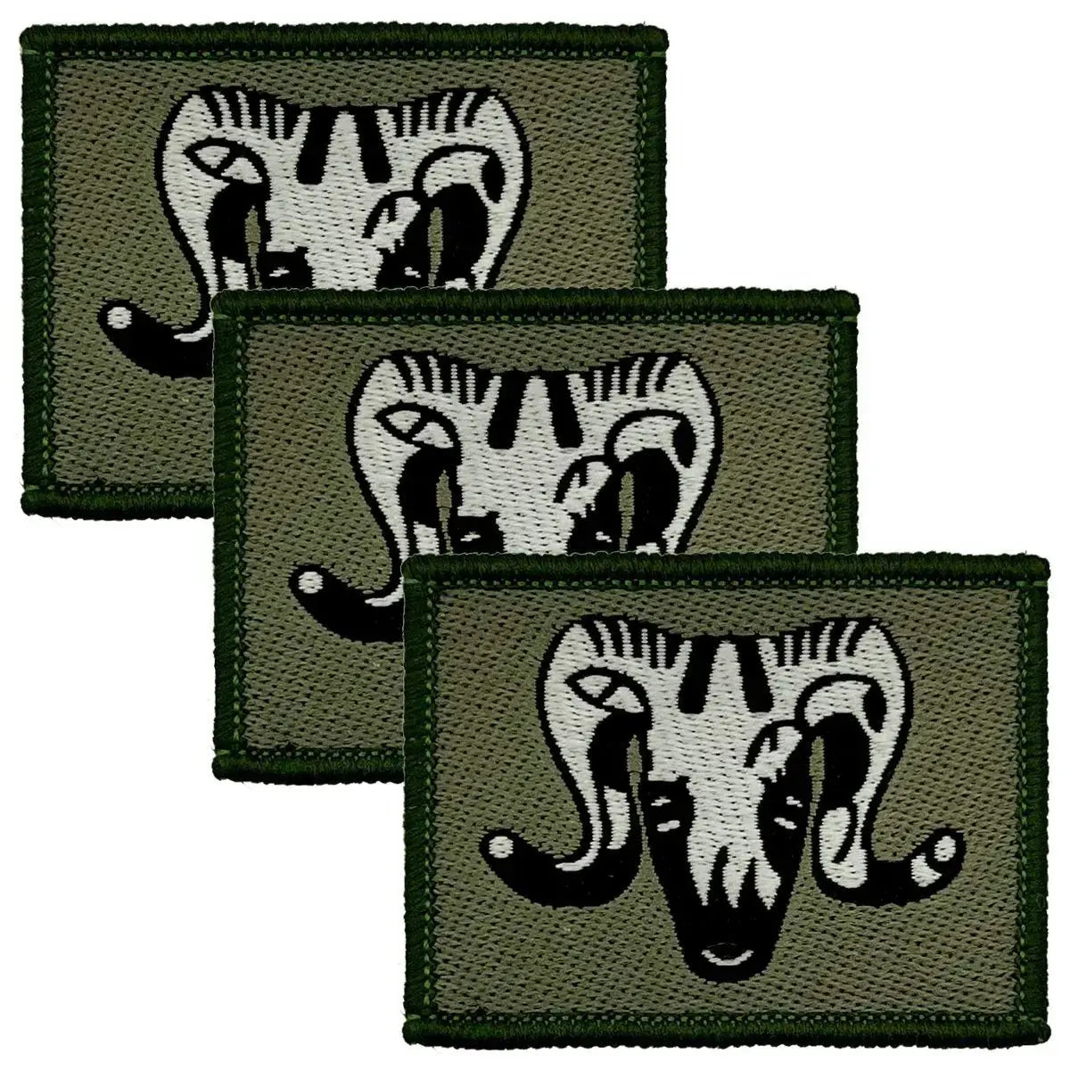 Set of three 1 Artillery Brigade TRF iron on flashes with ram skull design on olive green background, ideal for military uniforms.
