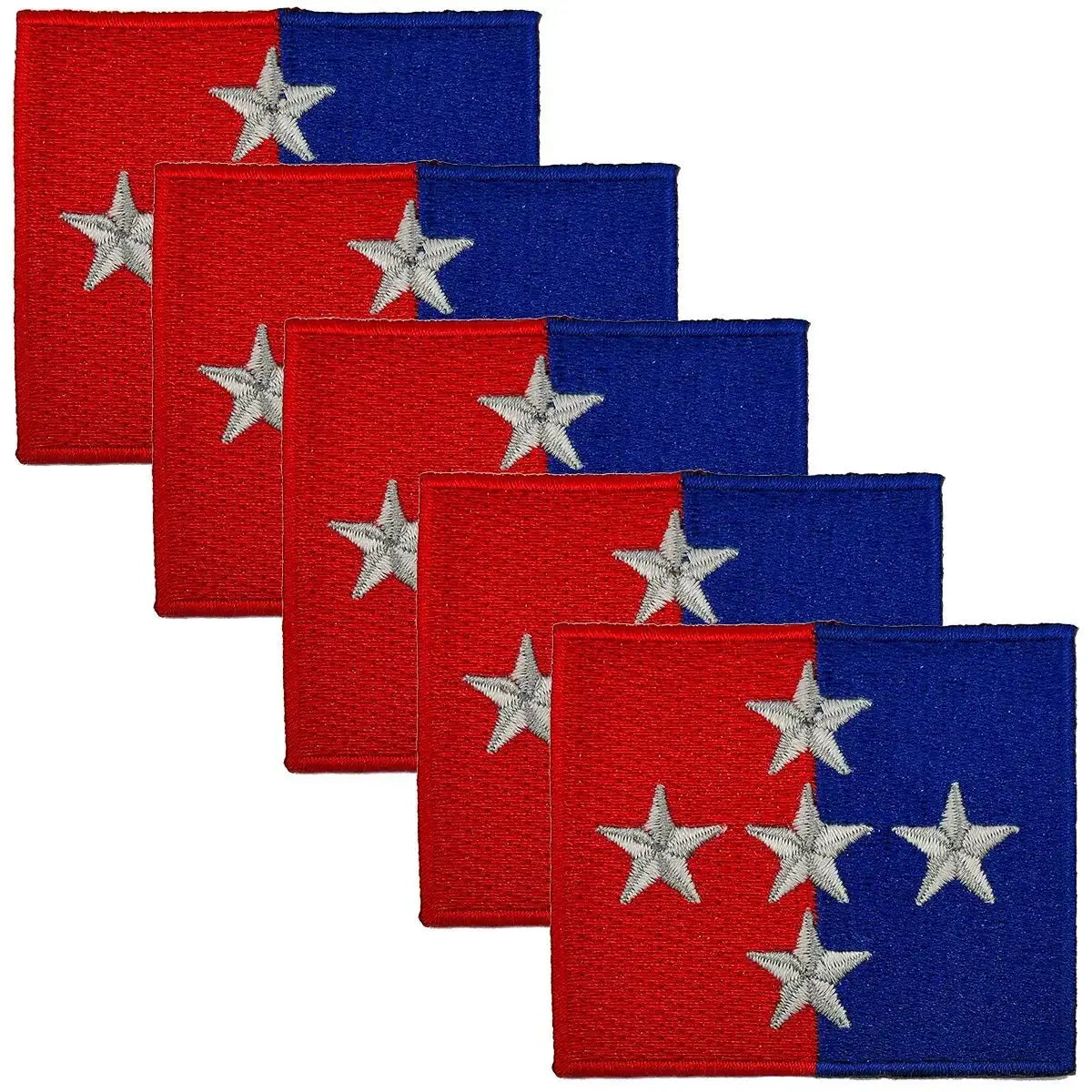 Pack of five 1 Royal Military Police Brigade TRF iron or sew on patches with red-blue background and silver stars, ideal for military uniforms.