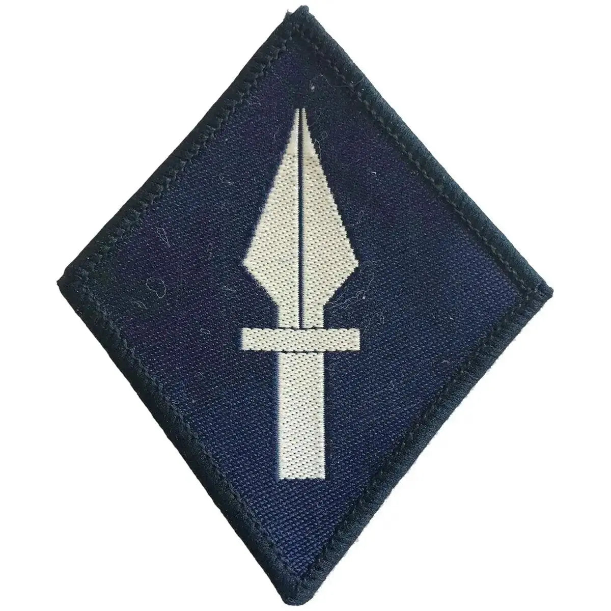 Single 1 UK Signal Brigade TRF iron on patch featuring a white spearhead design on a dark blue cotton base, for military uniform use.