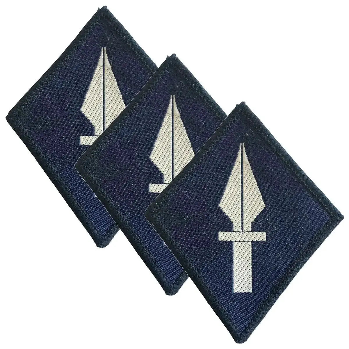 Set of three 1 UK Signal Brigade TRF iron on patches with white spearhead emblem on navy background, ideal for military uniforms.