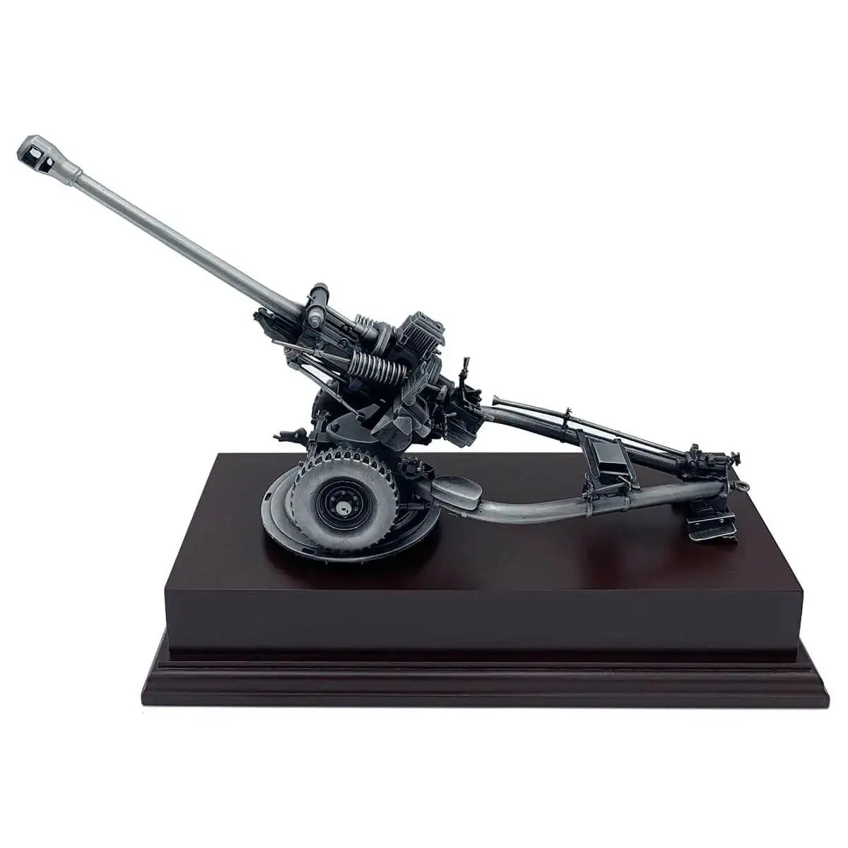 105 Light Gun Pewter Army Model | John Bull Clothing displayed on a dark wooden base, showcasing intricate artillery detailing for military decor.