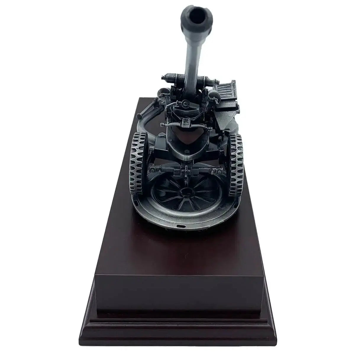 Rear view of 105 Light Gun Pewter Army Model | John Bull Clothing, emphasizing detailed wheel design and artillery components for home or office decor.