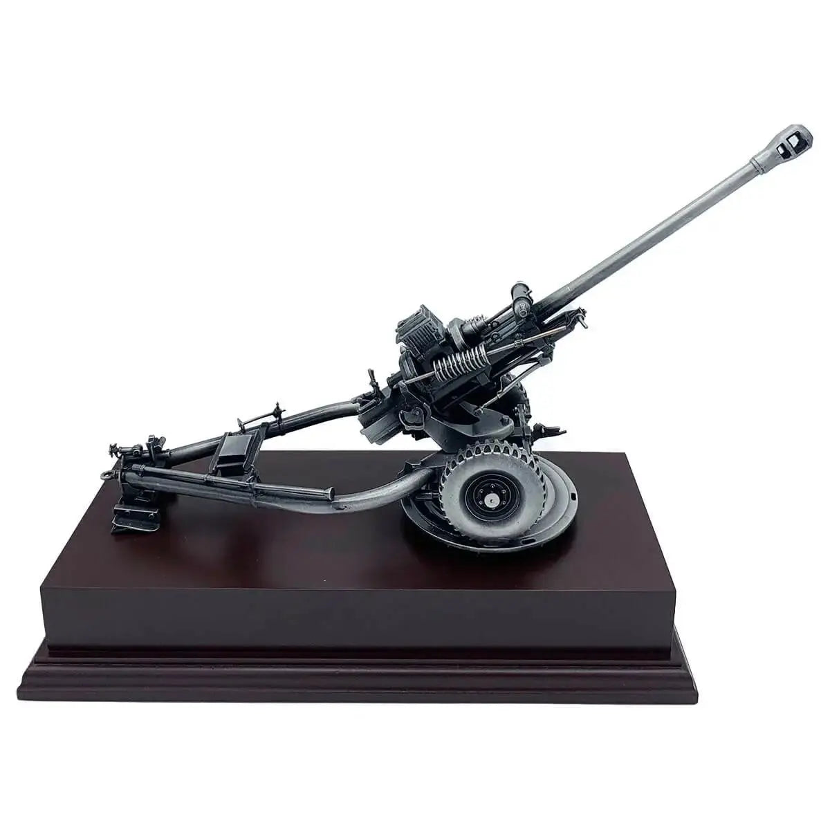 Side profile of 105 Light Gun Pewter Army Model | John Bull Clothing, featuring lifelike wheels and barrel structure on a polished display stand.