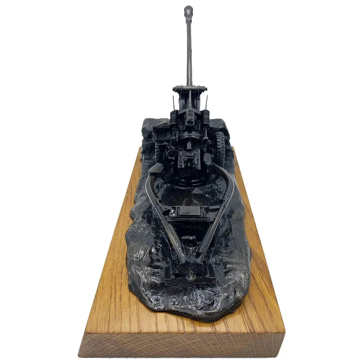 Front view of 105mm Light Gun Bronze Resin Statue showing barrel alignment and intricate detailing, ideal for army-themed home decor.