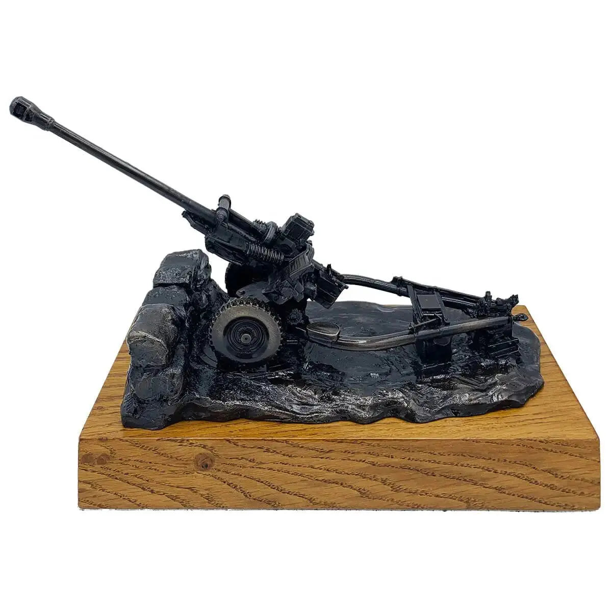 105mm Light Gun Bronze Resin Statue on rosewood base, detailed artillery sculpture from John Bull Clothing for military decor.