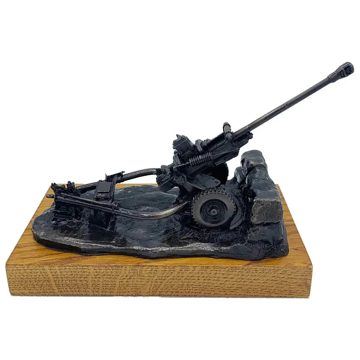 Side profile of 105mm Light Gun Bronze Resin Statue with realistic wheels and mount, perfect for collectors of military sculptures.