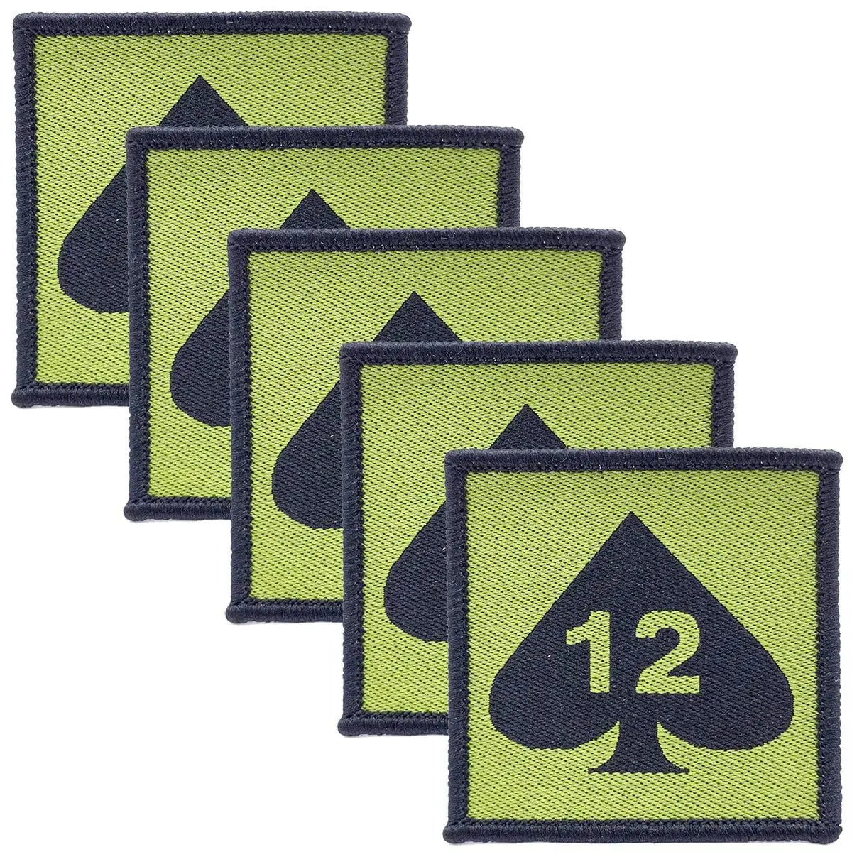 Pack of five 12 Armoured Infantry Brigade TRF hook & loop patches, green fabric with black spade and number 12 design for military uniforms.