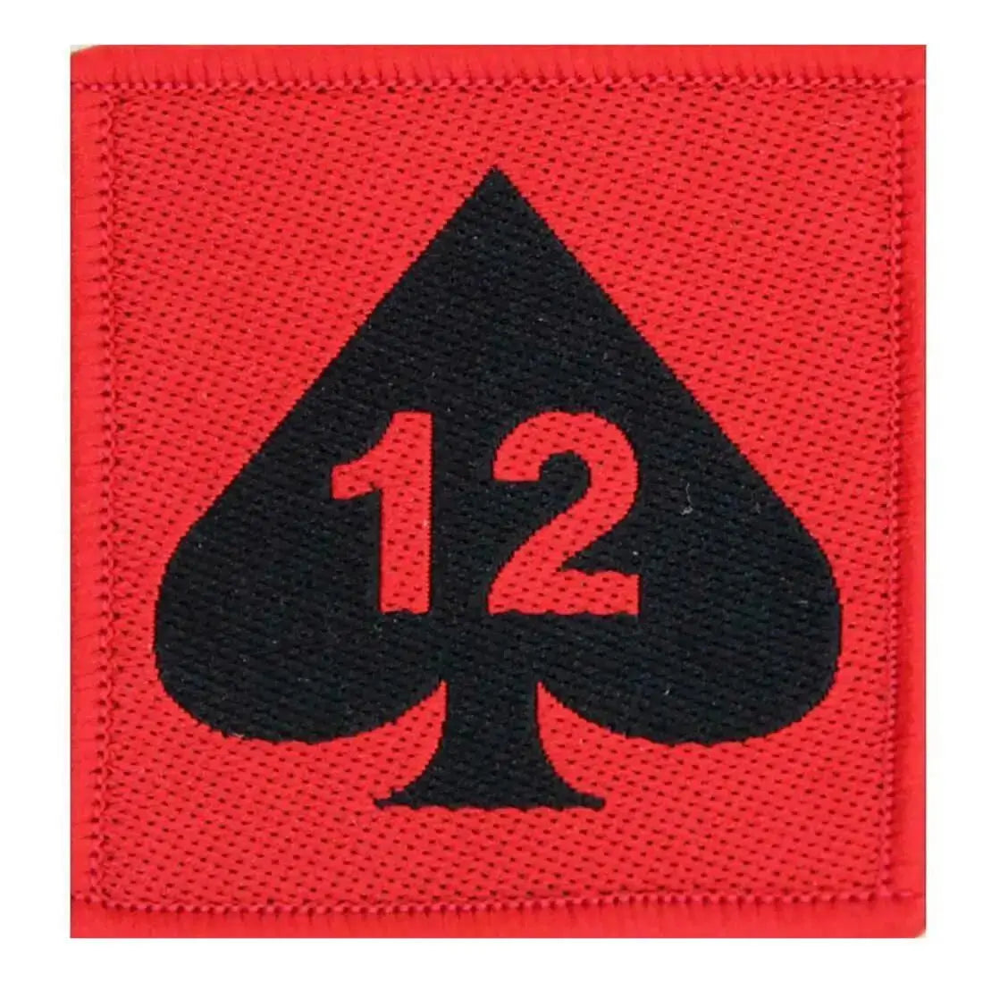 Single red and black 12 Armoured Infantry Brigade Flash TRF patch, cotton material, ideal for military uniform use.