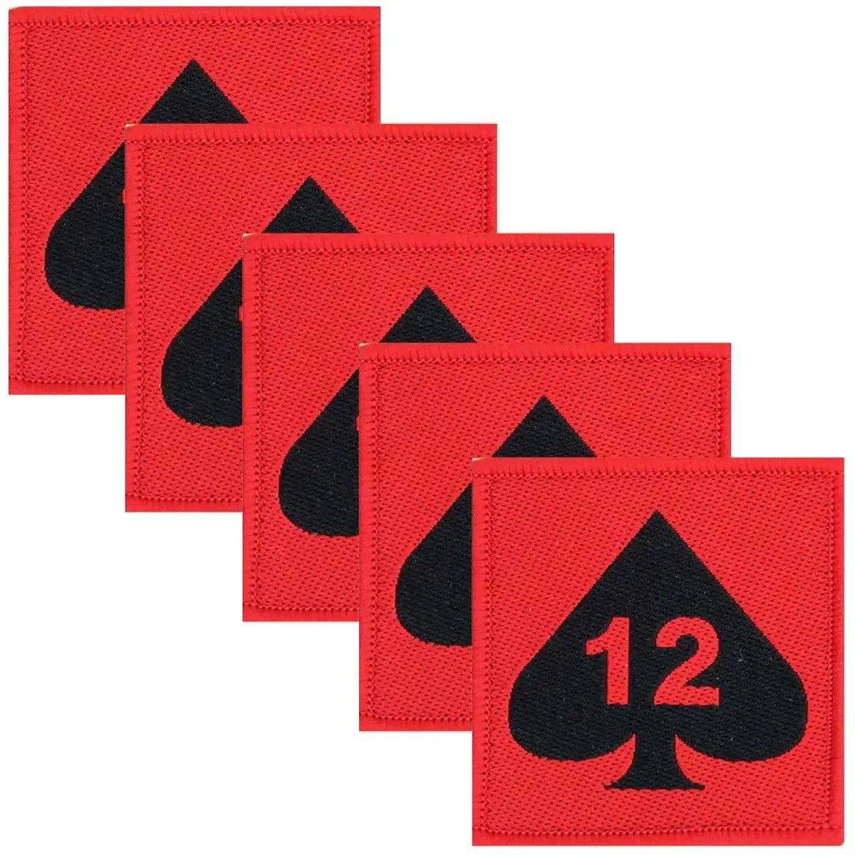 Pack of five red and black 12 Armoured Infantry Brigade Flash TRF patches, tactical recognition flash for military apparel.