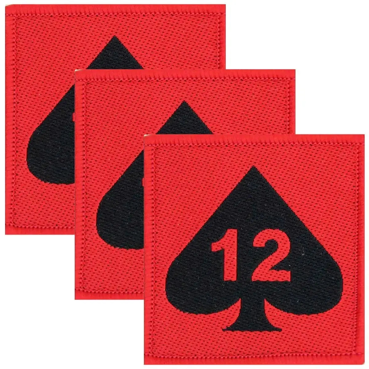 Set of three red and black 12 Armoured Infantry Brigade Flash TRF patches, regulation pattern for military uniforms.