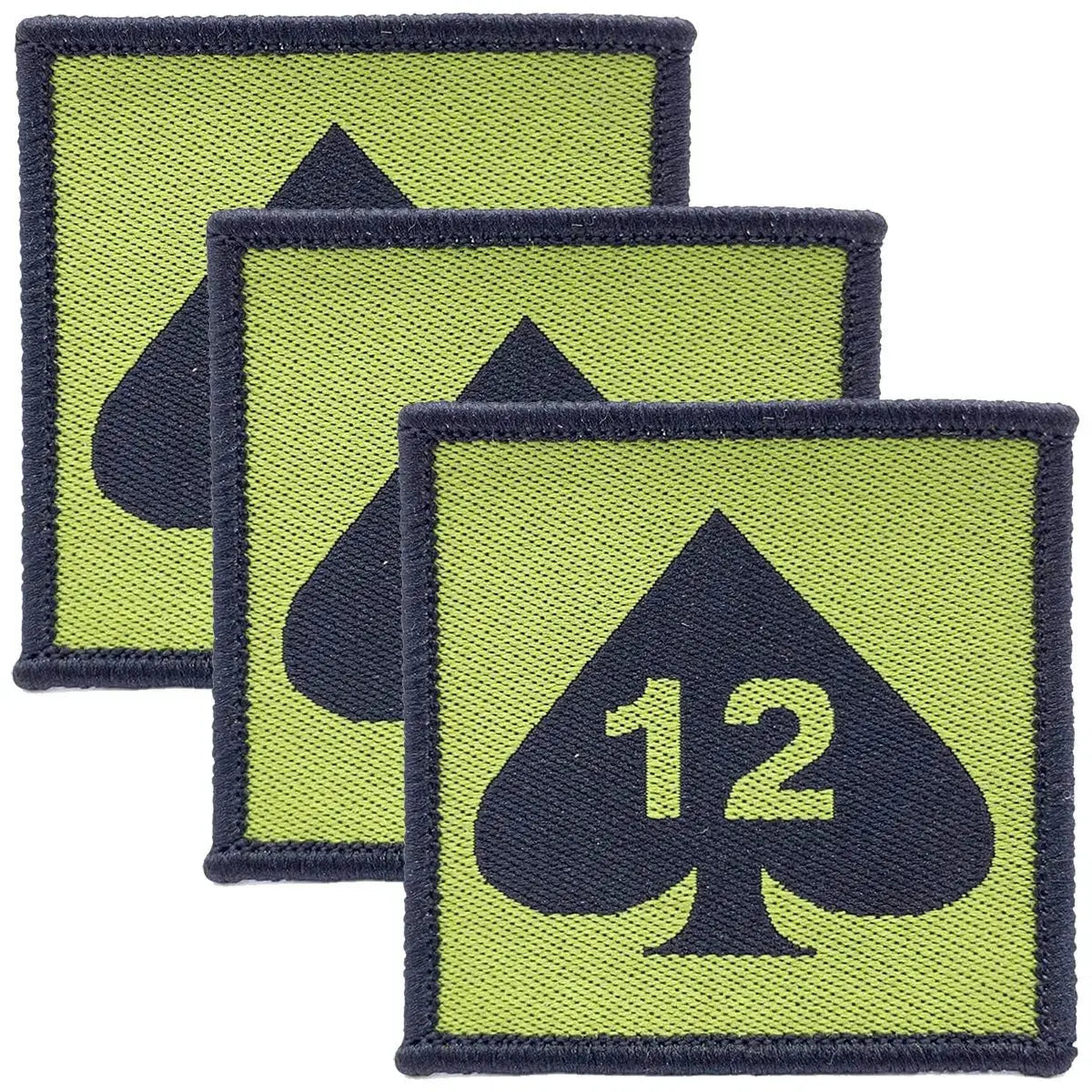 Set of three green and black 12 Armoured Infantry Brigade Flash TRF patches, iron or sew-on, from John Bull Clothing.