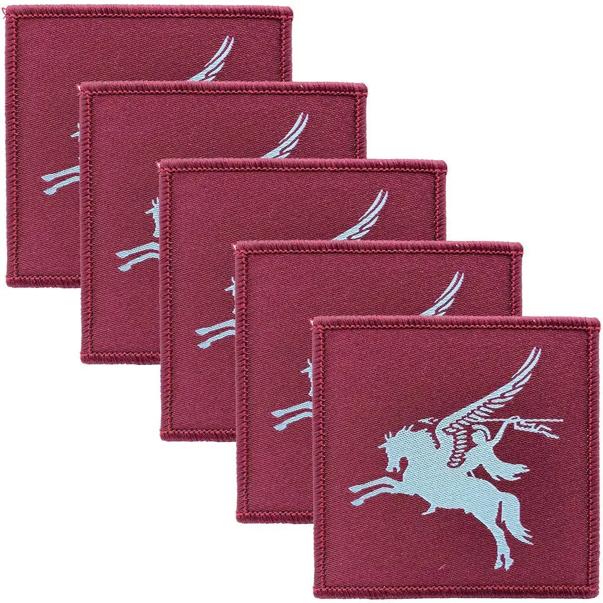Pack of five maroon 16 Air Assault Pegasus Brigade TRF iron or sew on patches with light blue Pegasus, suitable for military apparel.