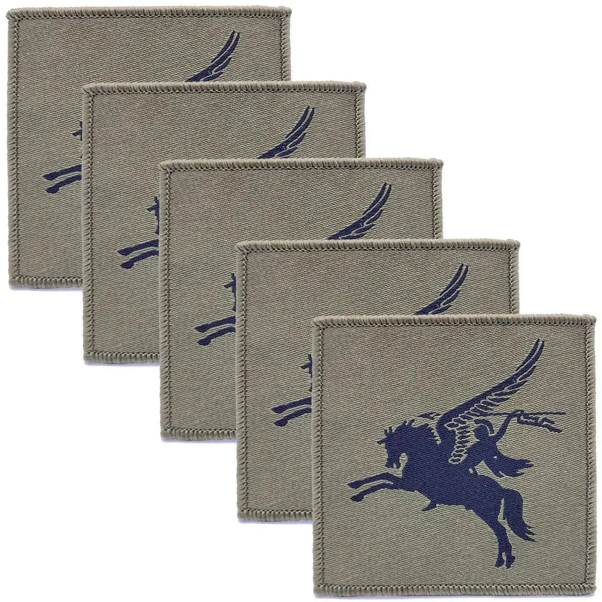 Pack of five green 16 Air Assault Pegasus Brigade TRF patches with dark blue Pegasus emblem, iron or sew on for military clothing.