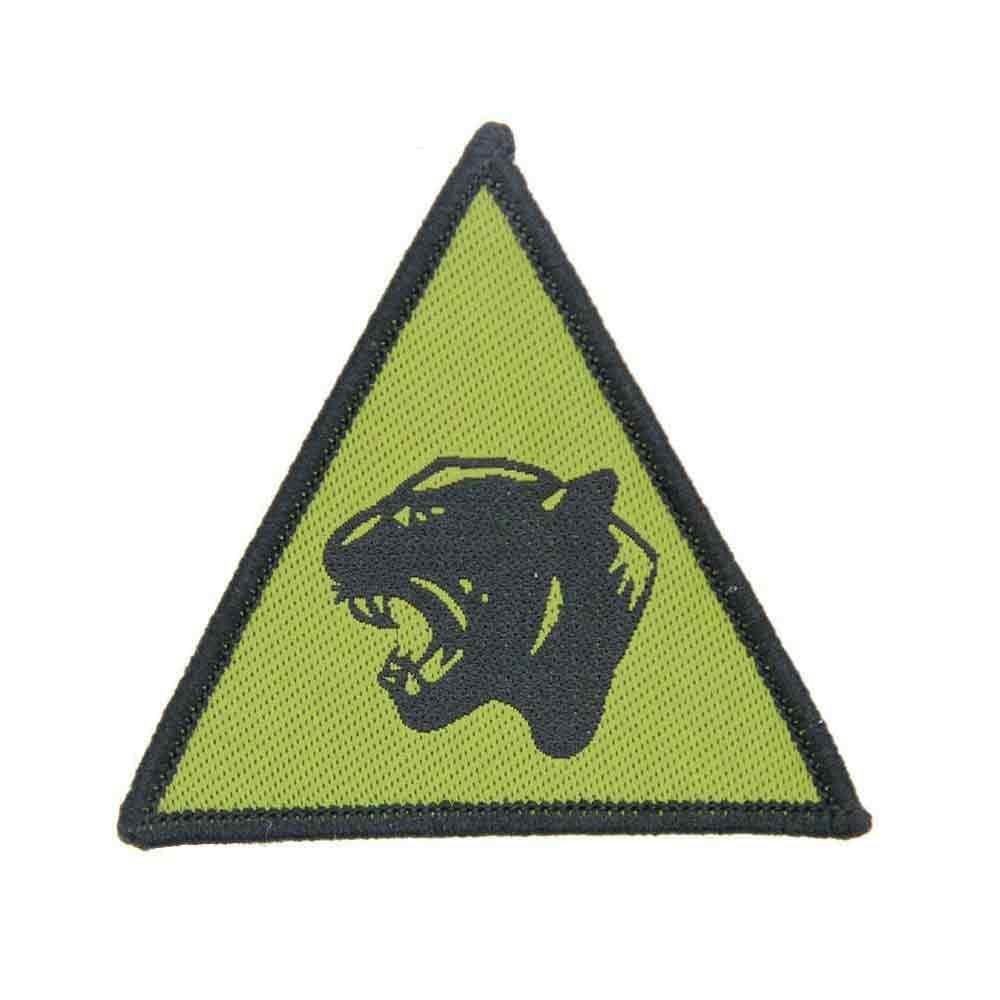 Single 19th Light Brigade Panther TRF Hook and Loop patch featuring a black panther on a green triangle background, made to MoD specifications.