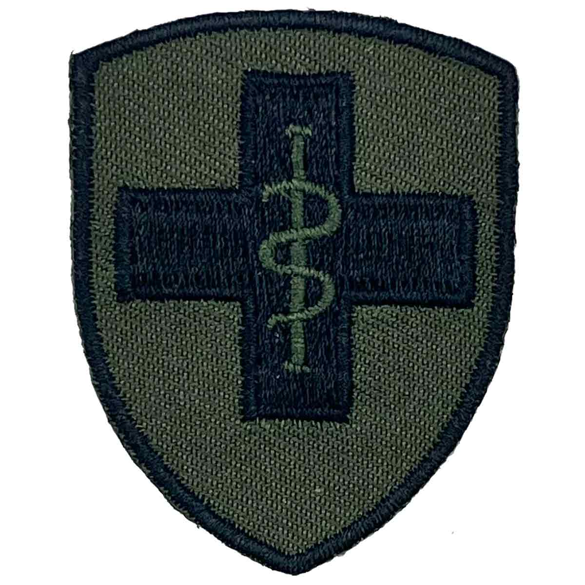 Single 2 Medical Brigade TRF patch featuring black cross and medical insignia on green cotton, regulation size for military uniforms.