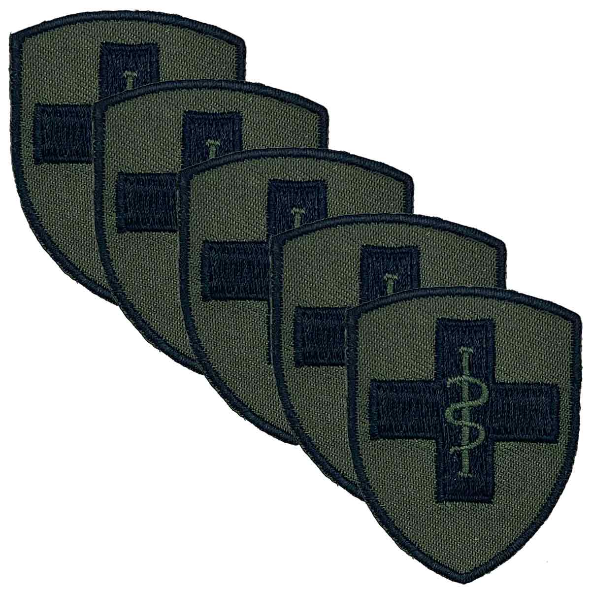Pack of five 2 Medical Brigade TRF iron or sew-on patches in green and black, designed for military uniform identification.