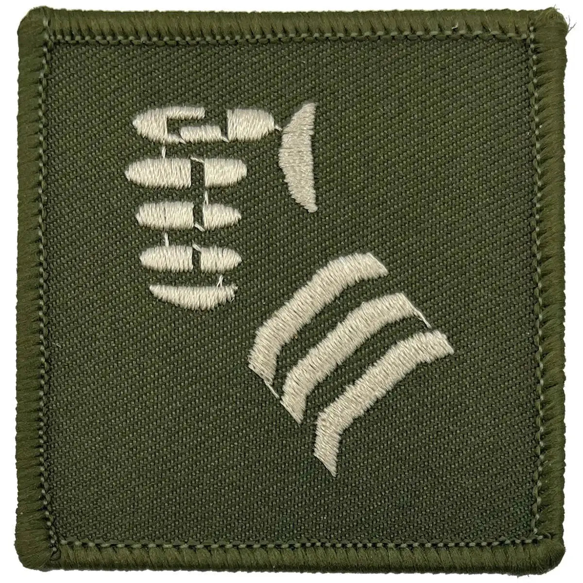 Single green 20th Armoured Brigade TRF patch with white woven fist design and hook & loop backing, MoD approved for military uniforms.